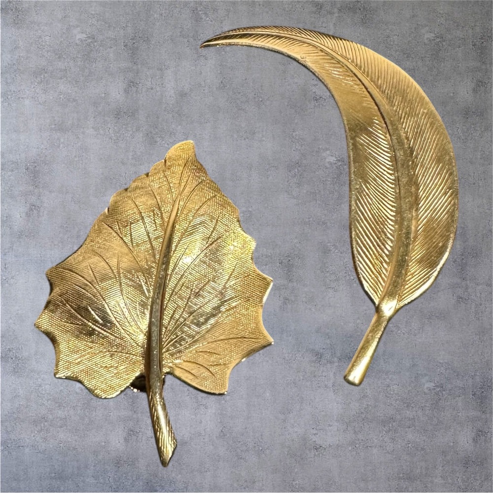 Vintage Gold Tone Leaf Brooch Lot 2 Feather Nature Pins‎ Textured